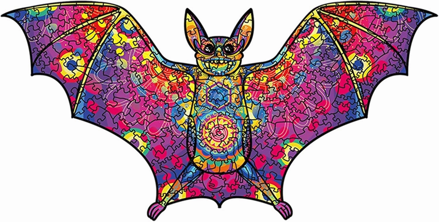Puzzles 300 Pieces Multicoloured Bat Animal Shaped, Unique Irregular Shape Puzzles Decor, Family Game Play Collection, Natural Wood Puzzle 8.31X16.54 inch, Large