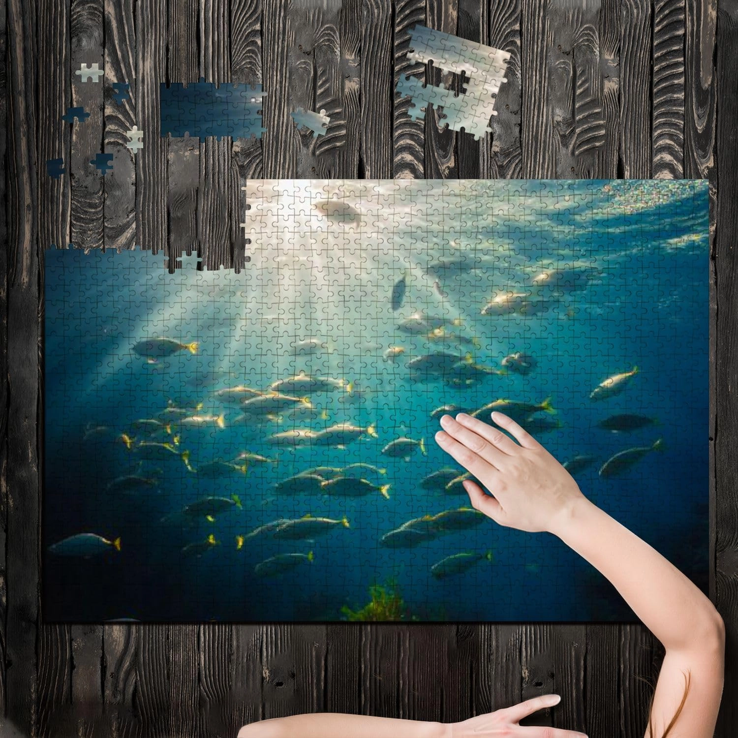 Puzzles for Adults 1000 Pieces Underwater Sunlight Fish Natural Scene Wooden Jigsaw Puzzles Challenging Fun Educational Family Games Kid Toys Art Work Gift Home Decor