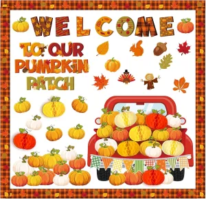 Qilery 98 Pcs Thanksgiving Bulletin Board Set Classroom Decorations Welcome to Our Patch Red Truck Maple Leaves Pumpkin Paper Cutouts with Honeycomb Balls for Autumn Turkey Chalkboard School Supply
