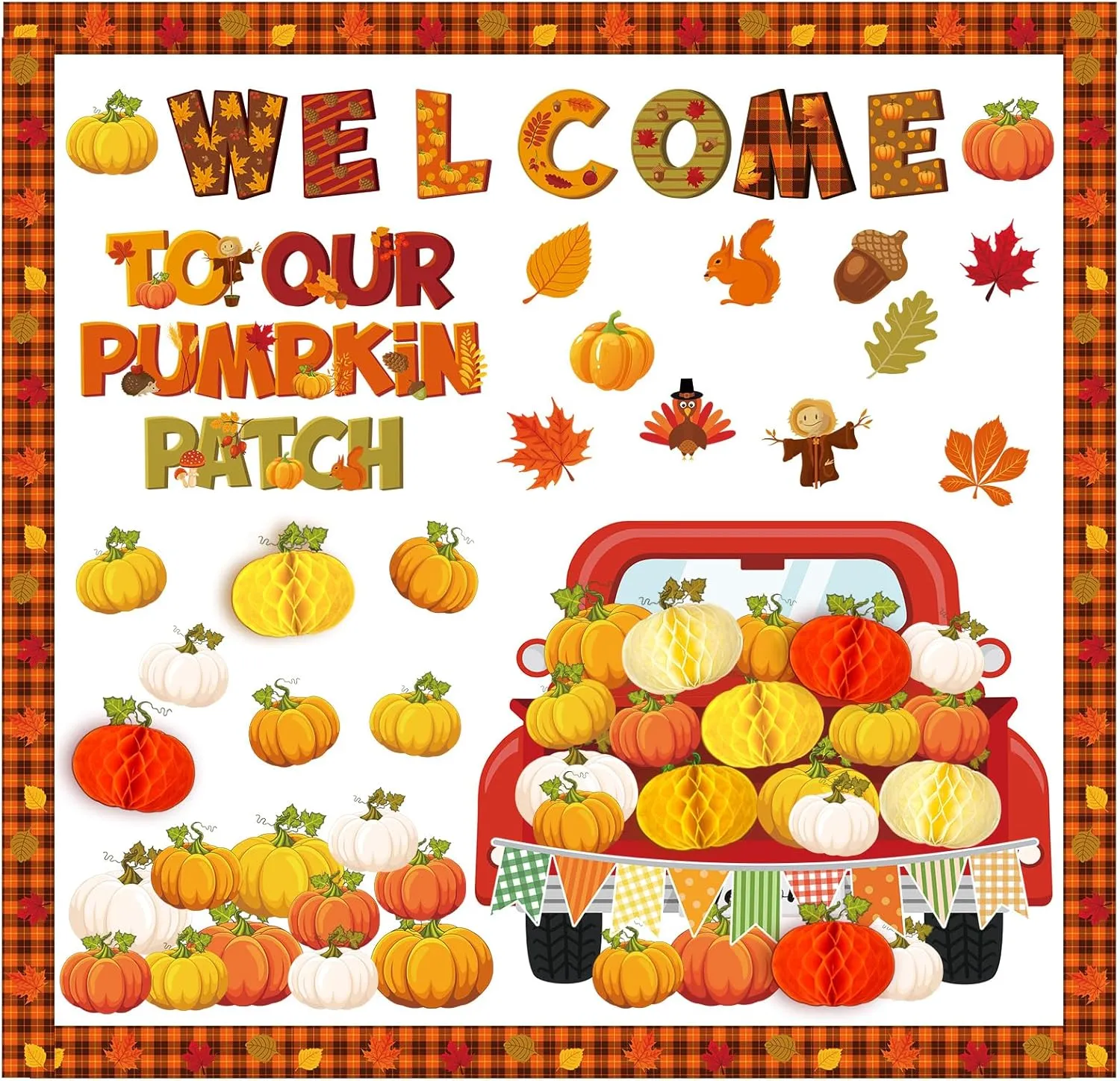 Qilery 98 Pcs Thanksgiving Bulletin Board Set Classroom Decorations Welcome to Our Patch Red Truck Maple Leaves Pumpkin Paper Cutouts with Honeycomb Balls for Autumn Turkey Chalkboard School Supply