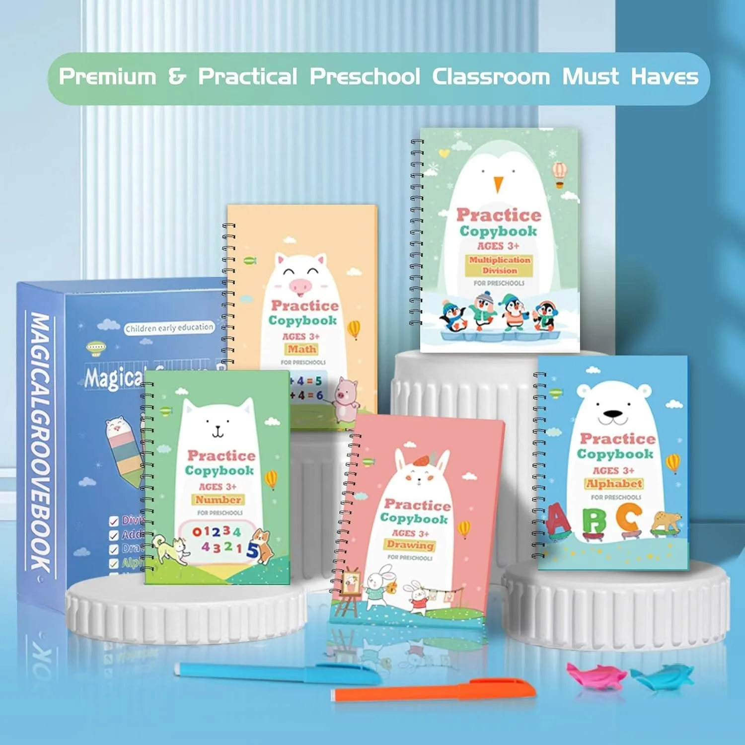 QMUBOT Magic Practice Copybook for Kids, Handwriting Practice Workbook, Reusable Writing Practice Book for Preschool Kids Age 3-8, ​Calligraphy 7.9in×5.5in (5 Books with Pens)