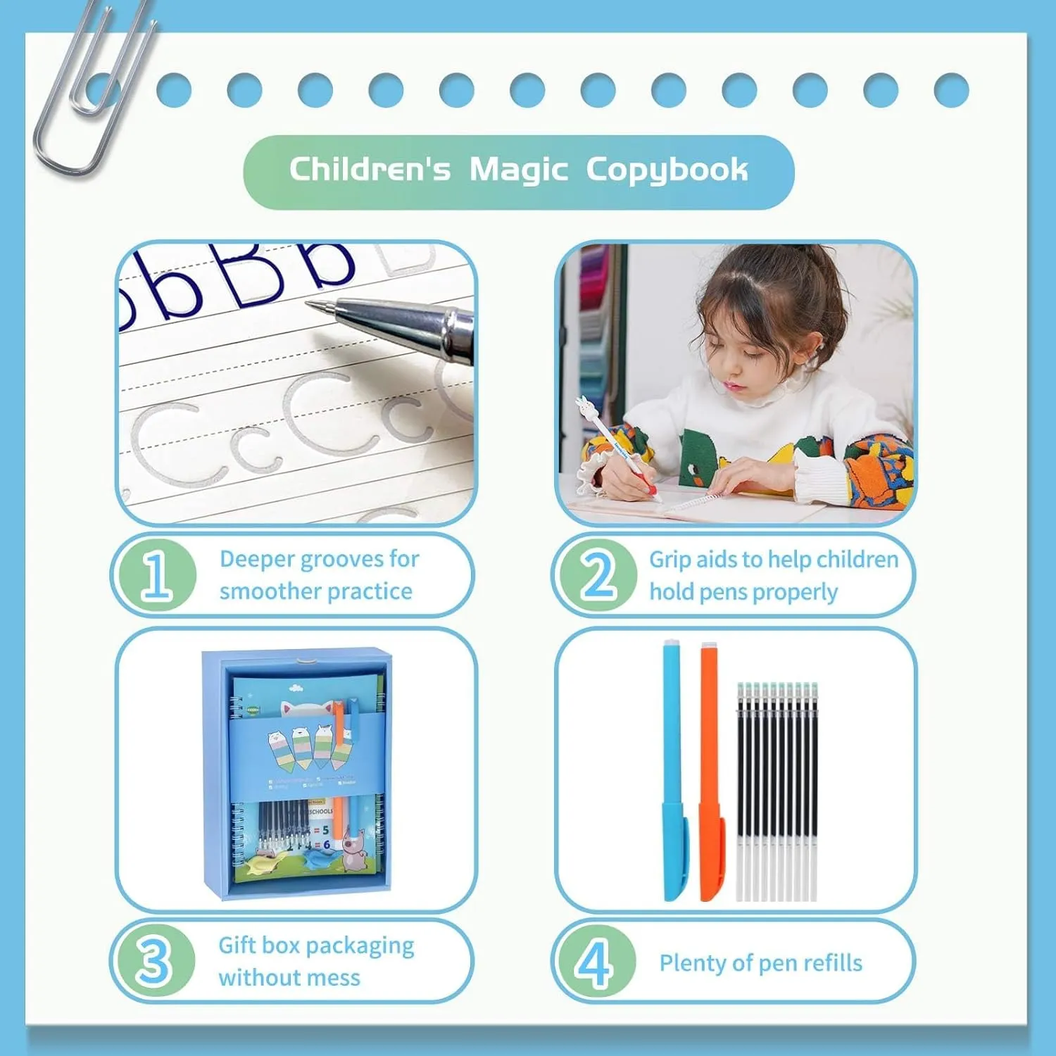 QMUBOT Magic Practice Copybook for Kids, Handwriting Practice Workbook, Reusable Writing Practice Book for Preschool Kids Age 3-8, ​Calligraphy 7.9in×5.5in (5 Books with Pens)