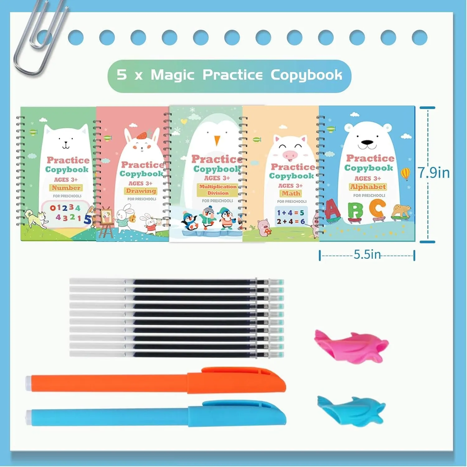 QMUBOT Magic Practice Copybook for Kids, Handwriting Practice Workbook, Reusable Writing Practice Book for Preschool Kids Age 3-8, ​Calligraphy 7.9in×5.5in (5 Books with Pens)