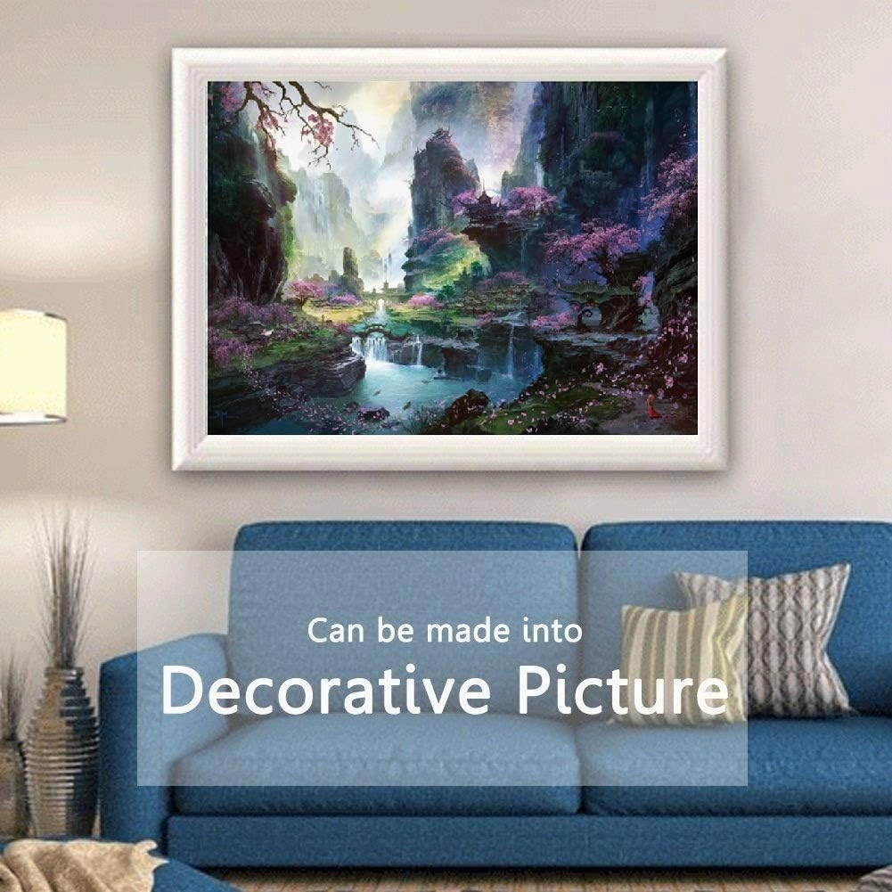 Queenie® 1000 Piece Nostalgic Antiquity Mountains Waterfall Water Flow Creek Stream Bridge Landscape Abstract Oil Painting Photo Challenge Brain Game Kids Adults Toys Wooden Jigsaw Puzzles