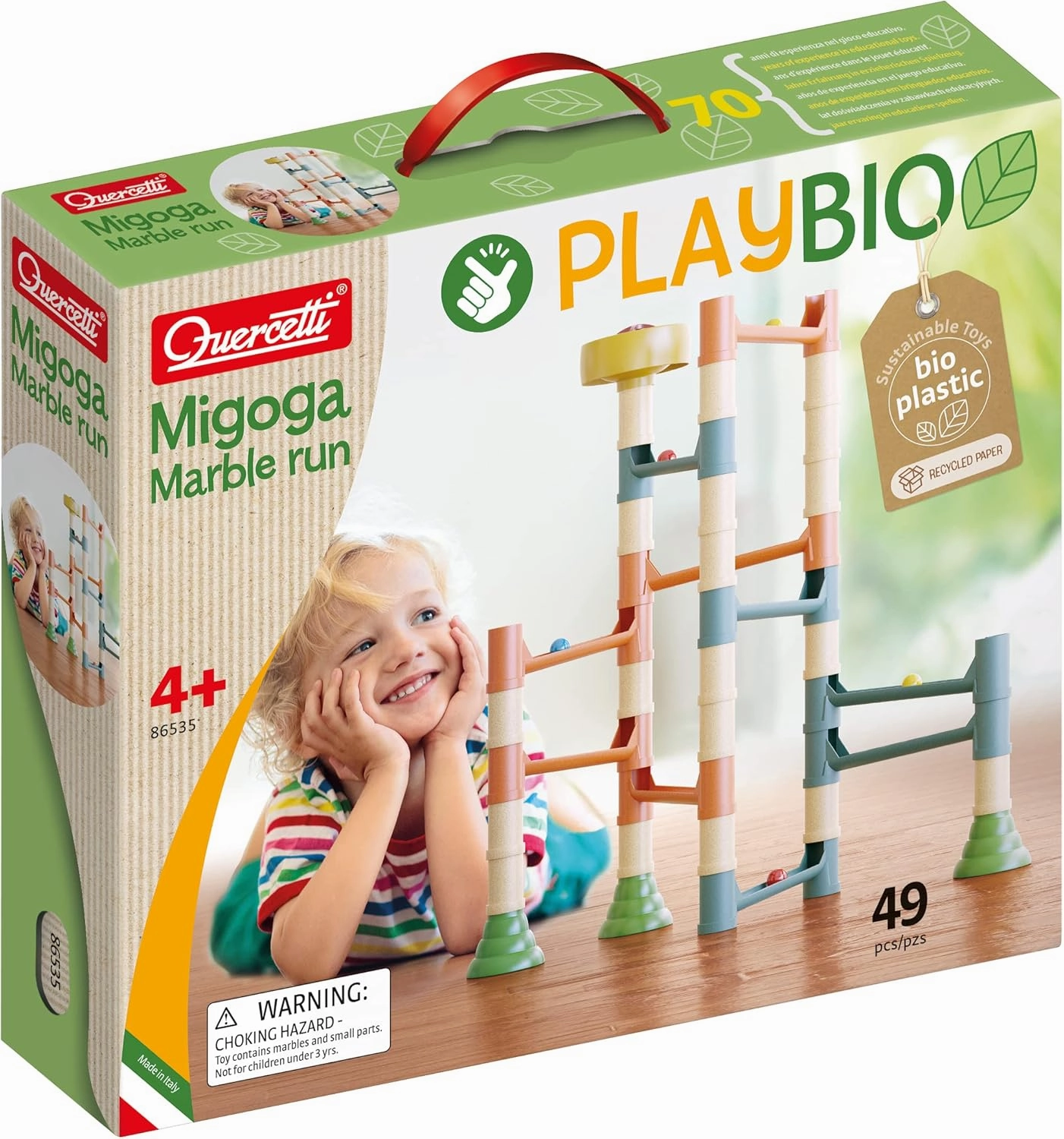 Quercetti Migoga PlayBio Marble Run - 49 Piece Set to Build and Launch 12 Colored Marbles, Made with Bioplastic Material, for Kids Ages 4 Years and Up