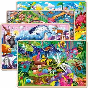 QUOKKA Wooden Puzzles for Kids Ages 4-6 – 4 x 60 Piece Kids Puzzles Ages 4-8-10 Year Olds by QUOKKA - Jigsaw Learning Game with Animals Dinosaurs City for 3-5 yo Wood Toys for Boys and Girls