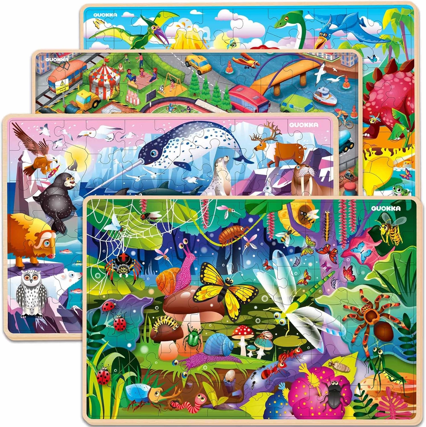 QUOKKA Wooden Puzzles for Kids Ages 4-6 – 4 x 60 Piece Kids Puzzles Ages 4-8-10 Year Olds by QUOKKA - Jigsaw Learning Game with Animals Dinosaurs City for 3-5 yo Wood Toys for Boys and Girls