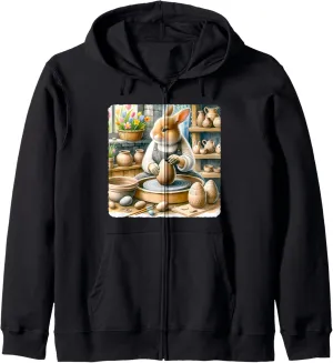 Rabbit Sculpts Easter Orb Pottery. Studio Clay-Stained Craft Zip Hoodie