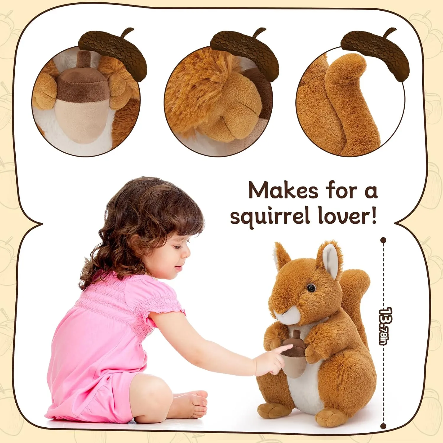 Realistic Squrrile Stuffed Animal, Cute Squirrel Plush Toy Holding Mini Acorn, Small Stuffed Squrrile Plushie Gift for Girls Boys Kids Forest Animal Lover on Christmas Baby Shower, 13"