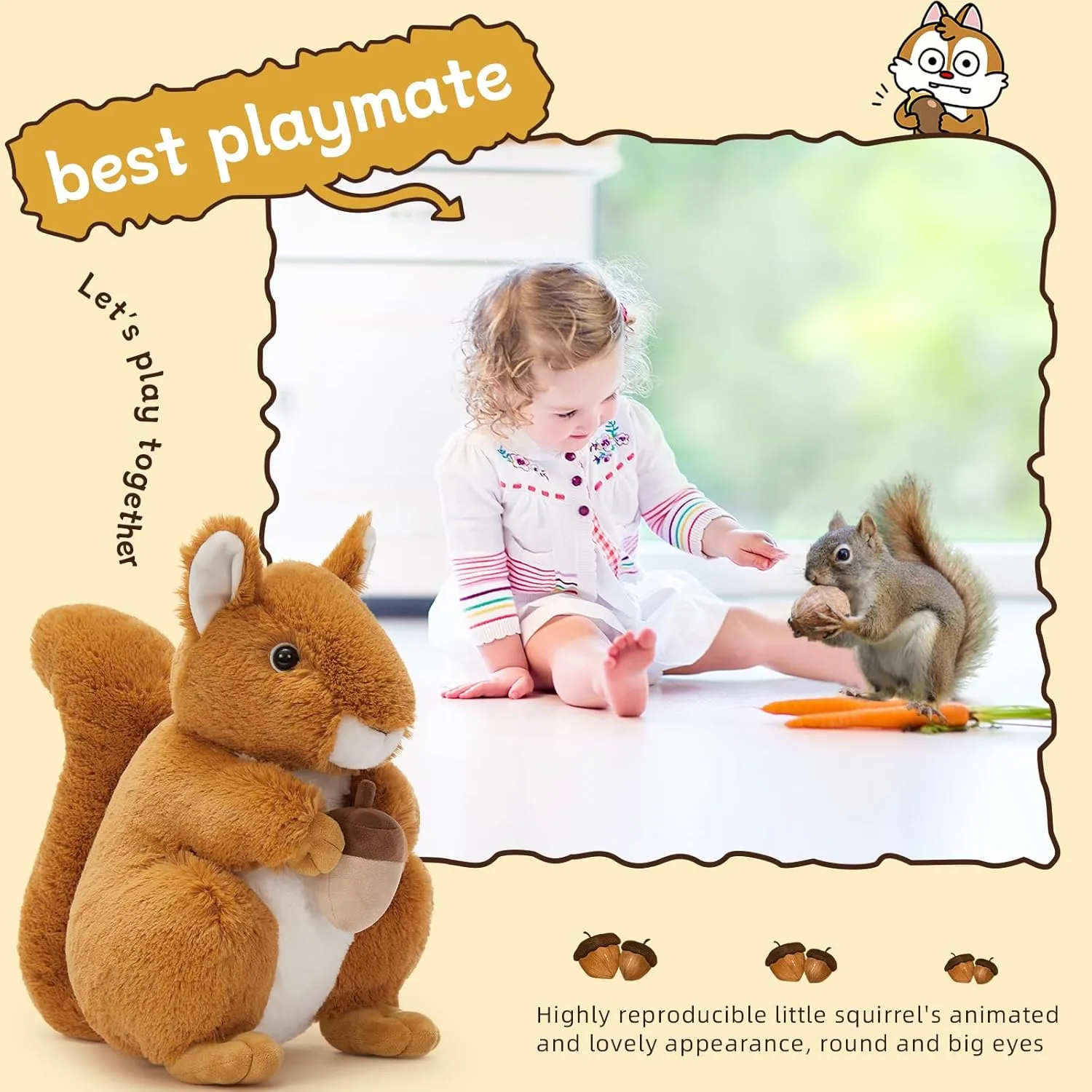 Realistic Squrrile Stuffed Animal, Cute Squirrel Plush Toy Holding Mini Acorn, Small Stuffed Squrrile Plushie Gift for Girls Boys Kids Forest Animal Lover on Christmas Baby Shower, 13"