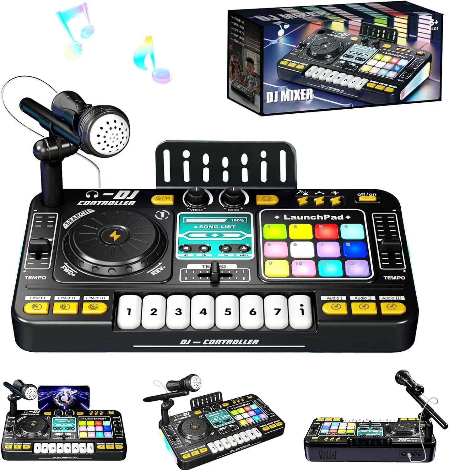 RedCrab Kids DJ Mixer Table with Microphone,Bluetooth,8 Piano Keys, LED Lights, Interactive Music Toy for Children, Musical DJ Set for Kids 3 4 5 6 7 8  Birthday Gift(Black)