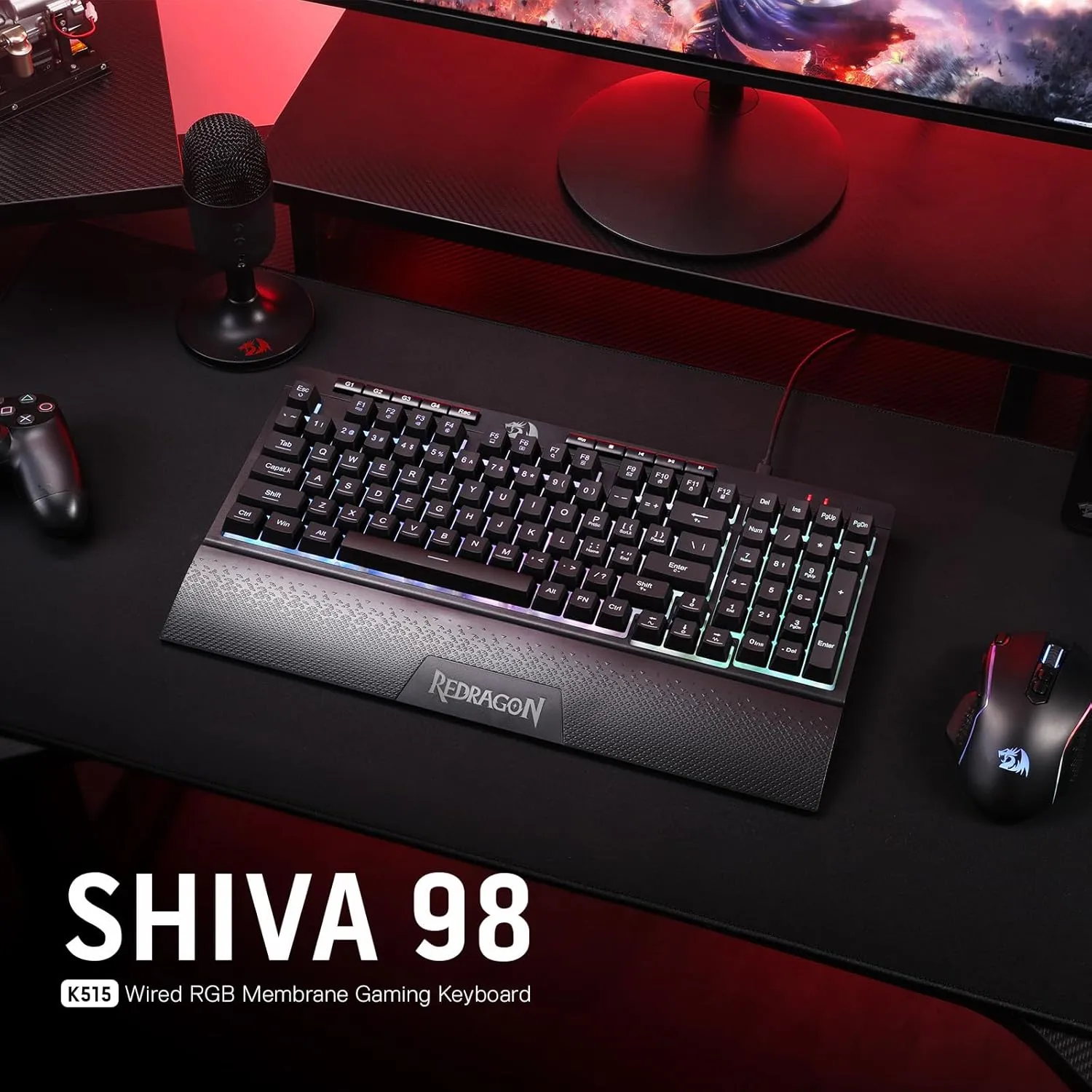 Redragon K515 Shiva Wired RGB Membrane Gaming Keyboard, 98 Keys Mechanical-Feel Keyboard w/Smooth Linear Switch, On-Board Macro & Dedicated Multimedia Keys, Detachable Wrist Rest, Software Supported
