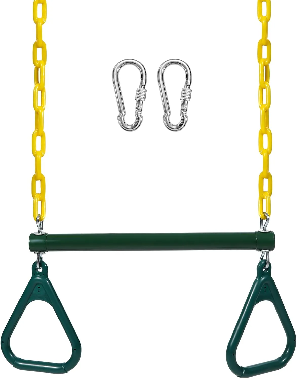 RedSwing Trapeze Swing Bar with Triangular Gymnastic Rings, Kids Swingset Heavy Duty Coated Chains with Carabiners, Outdoor Swing Play Playground Accessories, Green and Yellow