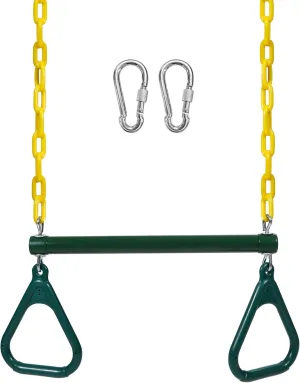 RedSwing Trapeze Swing Bar with Triangular Gymnastic Rings, Kids Swingset Heavy Duty Coated Chains with Carabiners, Outdoor Swing Play Playground Accessories, Green and Yellow