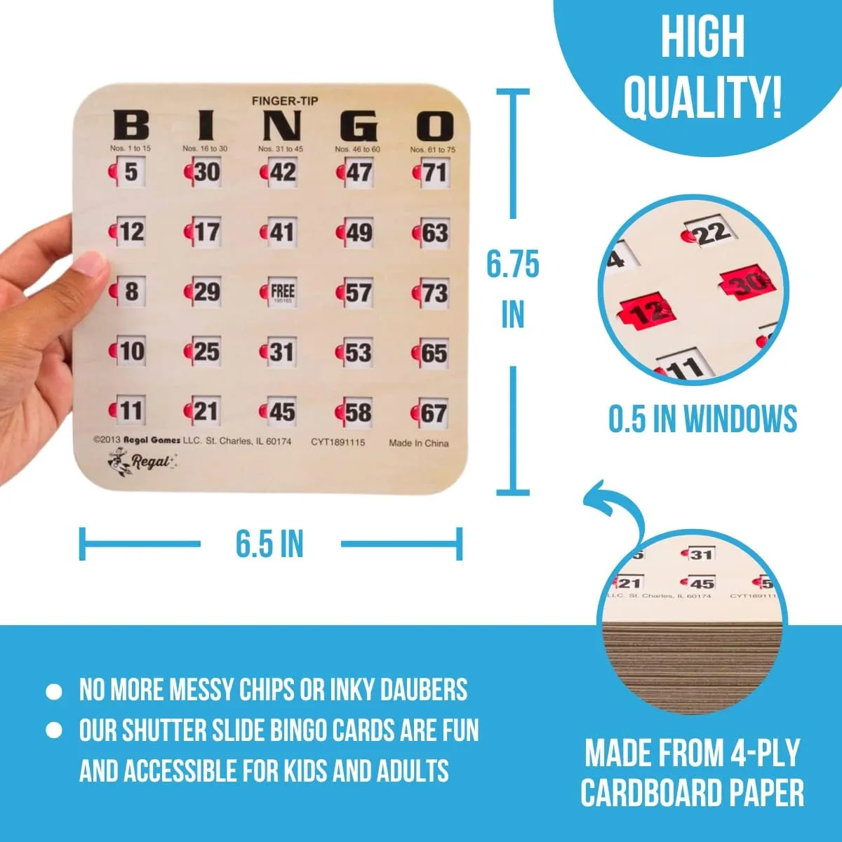 Regal Bingo 25 Bingo Cards with Sliding Windows, Bingo Calling Cards Deck & Master Board Bulk Kit - Reusable Bingo Game Set for Adults & Seniors Large Group - (Standart, Woodgrain)