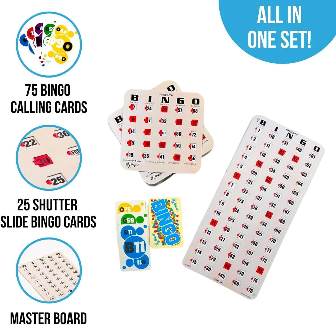 Regal Bingo 25 Bingo Cards with Sliding Windows, Bingo Calling Cards Deck & Master Board Bulk Kit - Reusable Bingo Game Set for Adults & Seniors Large Group - (Standart, Woodgrain)