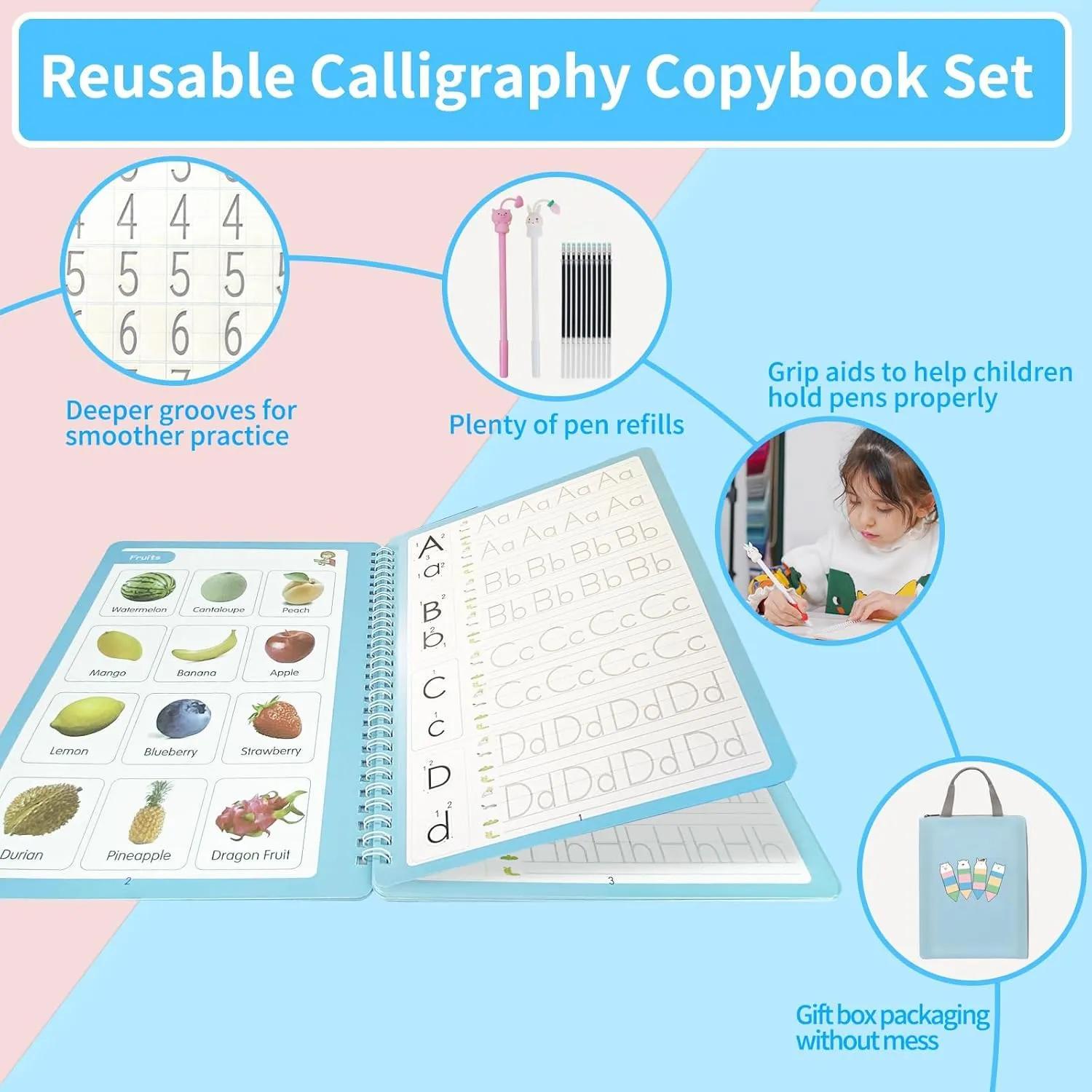 Reusable Grooved Handwriting Practice Workbook,Magic Practice Copybook,Reusable Writing Practice Book, for Preschool Kids Age 3-8 Calligraphy (Blue Bag, 10.3inx7.3in)
