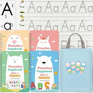 Reusable Grooved Handwriting Practice Workbook,Magic Practice Copybook,Reusable Writing Practice Book, for Preschool Kids Age 3-8 Calligraphy (Blue Bag, 10.3inx7.3in)