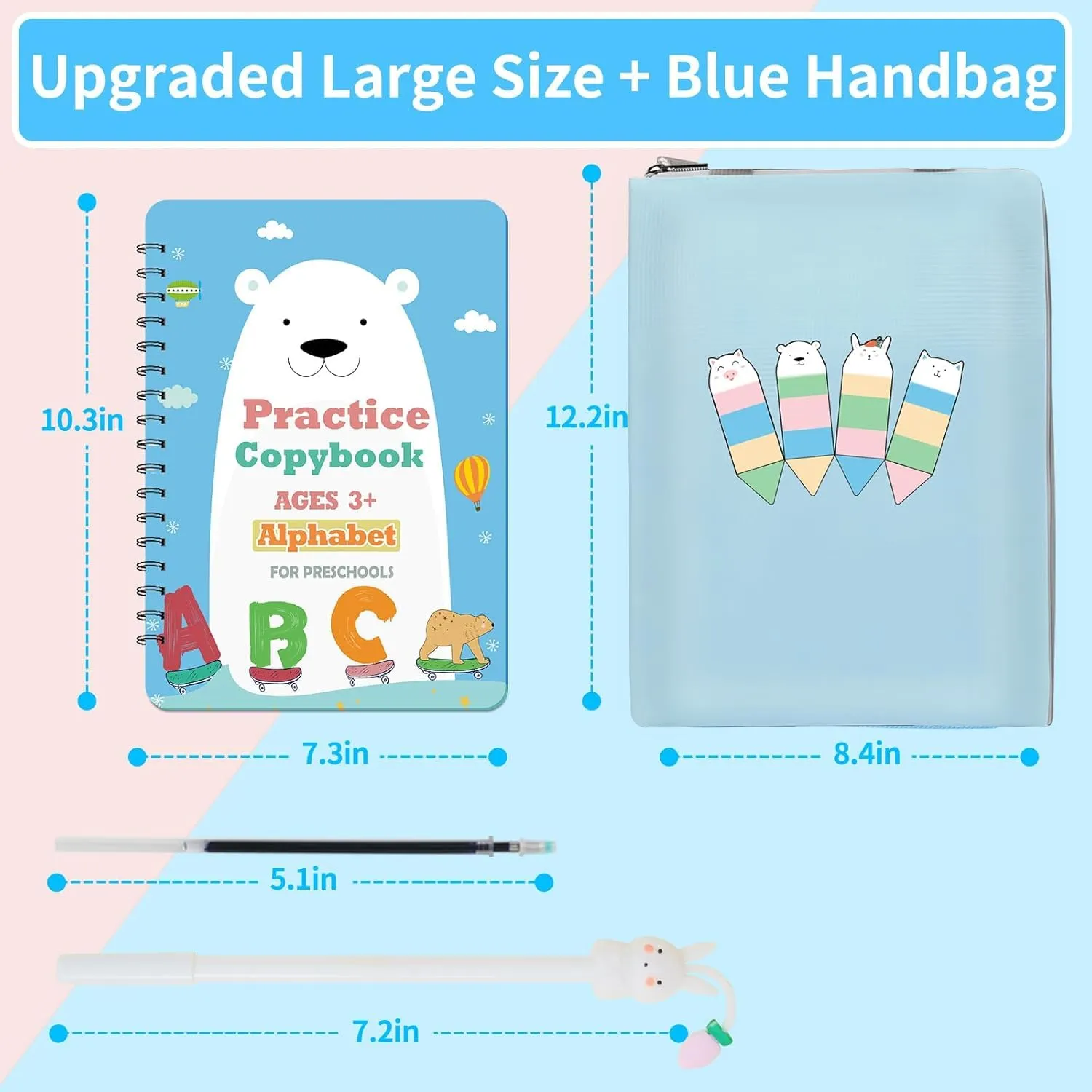 Reusable Grooved Handwriting Practice Workbook,Magic Practice Copybook,Reusable Writing Practice Book, for Preschool Kids Age 3-8 Calligraphy (Blue Bag, 10.3inx7.3in)