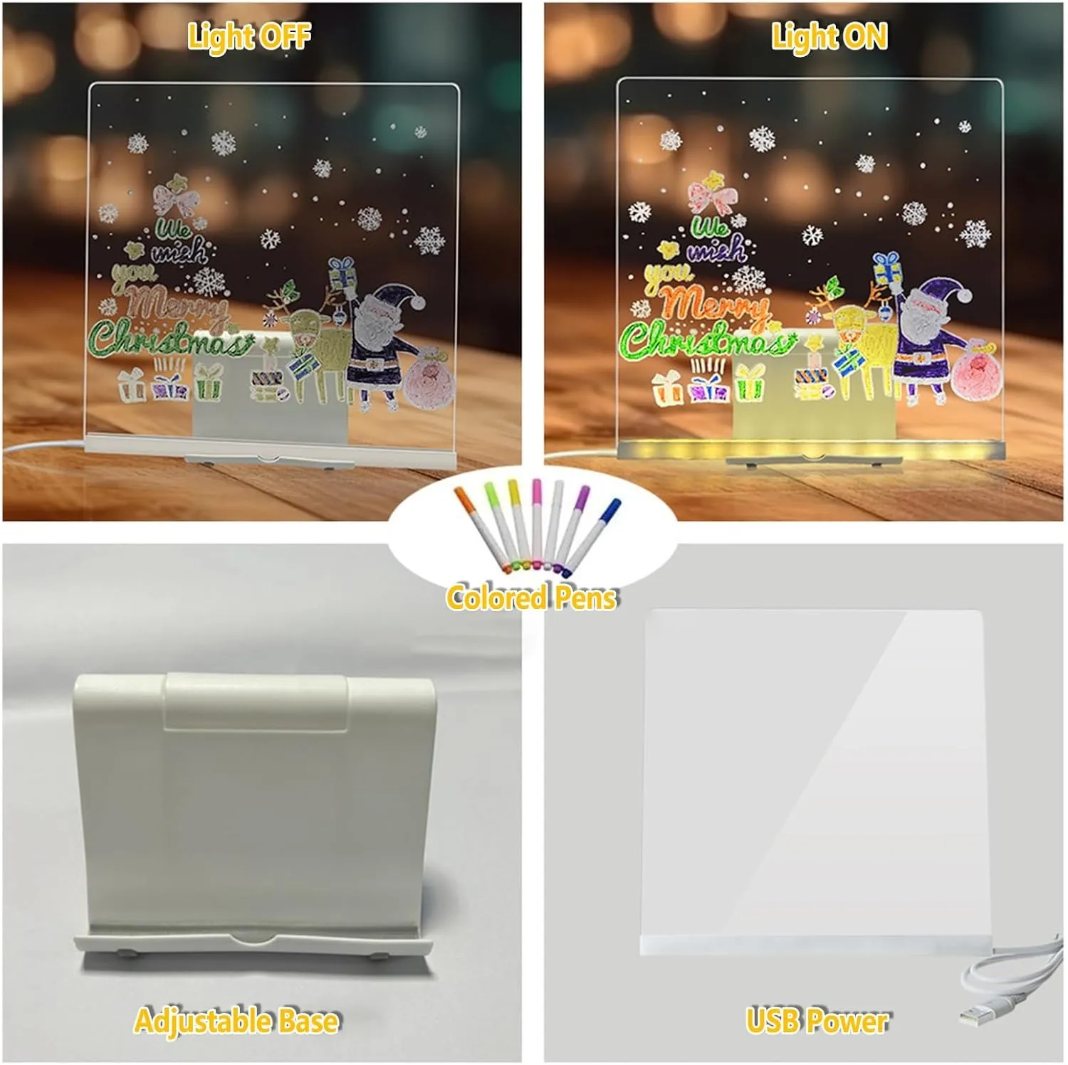 Reusable LED Drawing Board with 7 Color Pens，Glow Writing Note Board Night Light for Kids，Multifunctional Desk Organizer with Phone Stand(12X12CM)