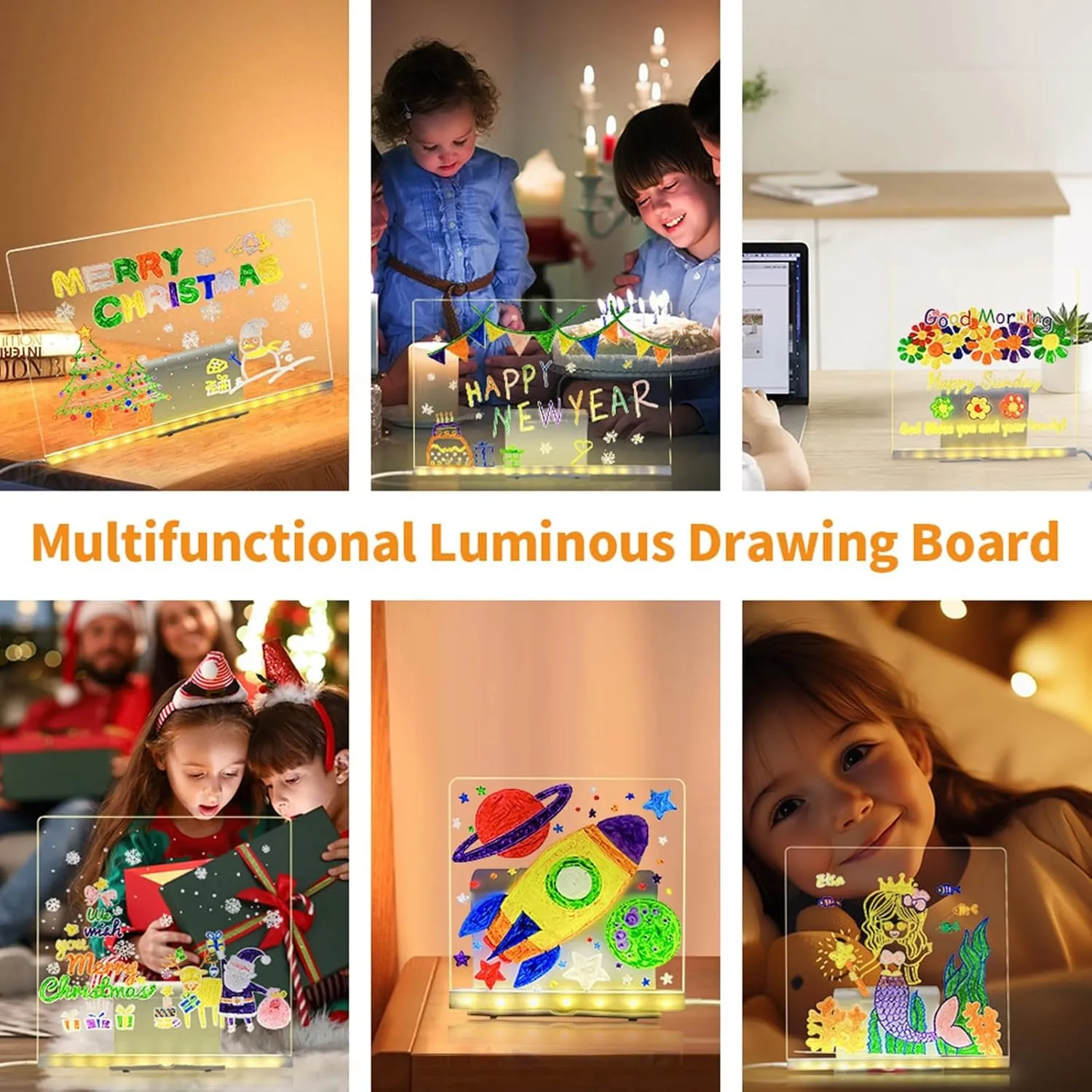 Reusable LED Drawing Board with 7 Color Pens，Glow Writing Note Board Night Light for Kids，Multifunctional Desk Organizer with Phone Stand(12X12CM)