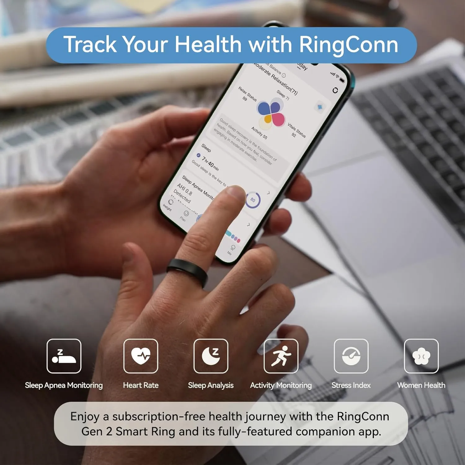 RingConn Gen 2, World’s First Smart Ring with Sleep Apnea Monitoring, No APP Subscription, 12-Day Battery Life, Stress/Heart Rate/Women's Health Tracker, Android & iOS Compatible (Black, Size 14)