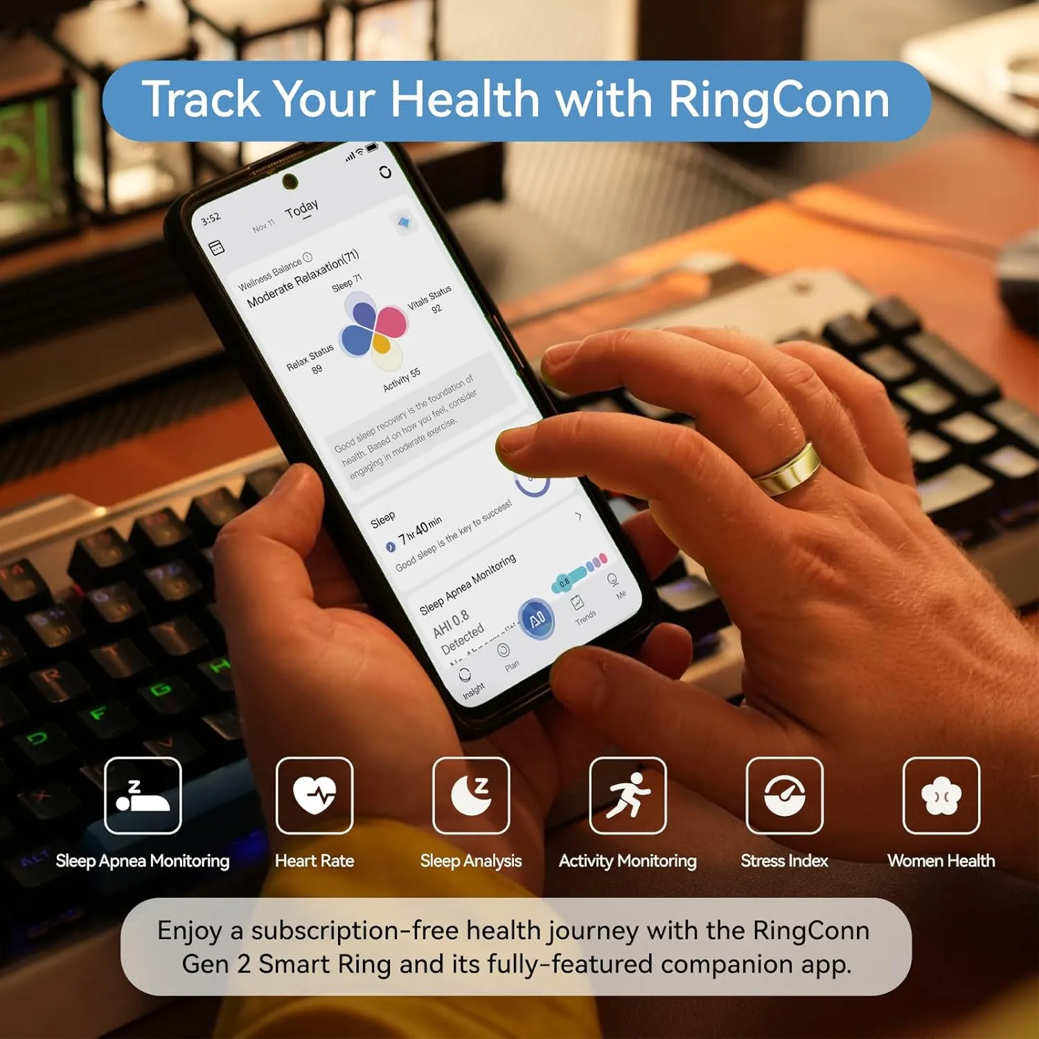 RingConn Gen 2, World’s First Smart Ring with Sleep Apnea Monitoring, No APP Subscription, 12-Day Battery Life, Stress/Heart Rate/Women's Health Tracker, Android & iOS Compatible (Gold, Size 9)