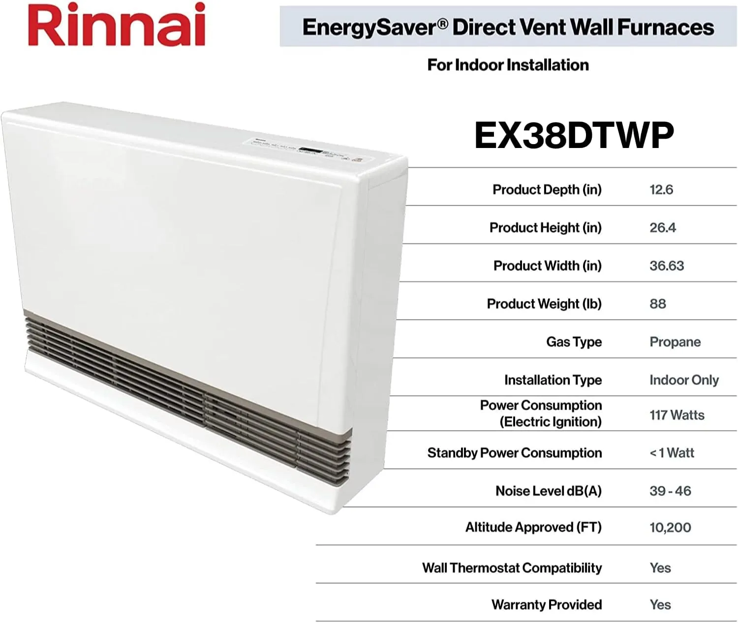Rinnai EX38DTWP Direct Vent Wall Furnace, Indoor Propane Heater, Energy Efficient Space Heater, 36,500 BTU, White large