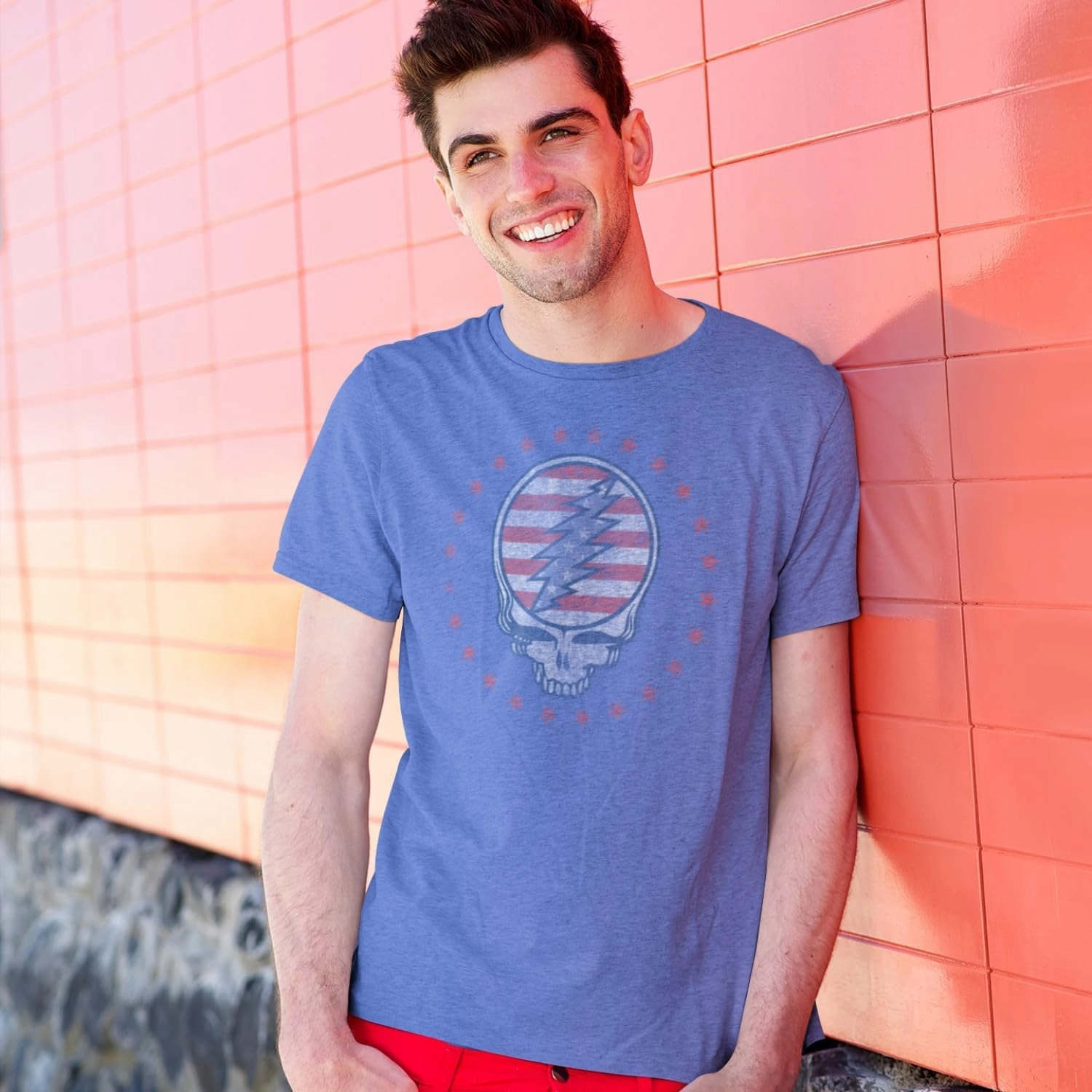Ripple Junction Grateful Dead Men's Short Sleeve T-Shirt Patriotic Steal Your Face 4th of July Stealie Officially Licensed