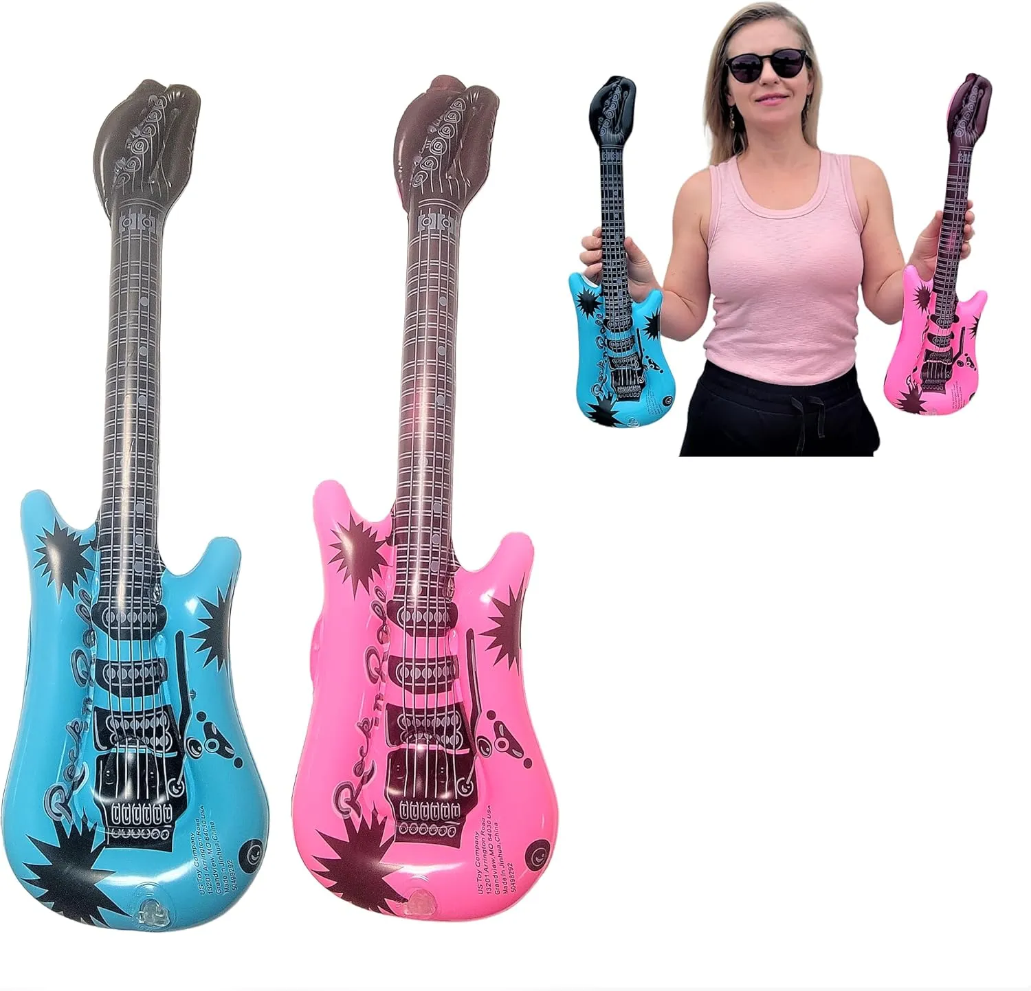 Rock Inflatable Mini Guitars (21 Inches) Vinyl. Perfect Party Favor, DJ Dance 80s Rocker (Mini Rock-n-Roll 6 Pink & 6 Blue (12 Pack))
