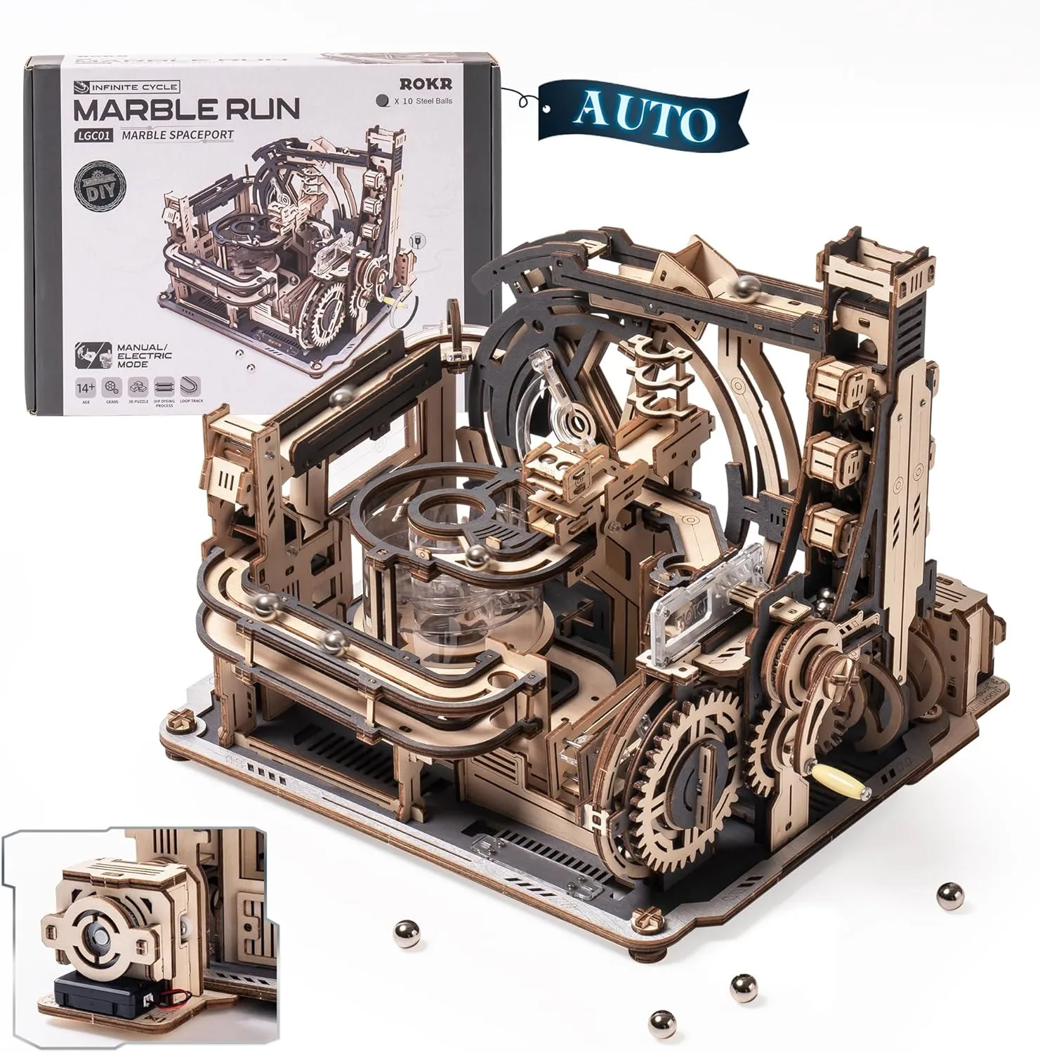 ROKR 3D Puzzles for Adults, Electric Model Kits Marble Spaceport LGC01, 472pcs Marble Run Brain Teaser Wooden Puzzles Building Toy, Desk Decor Creative Birthday Gifts for Men/Women 14 