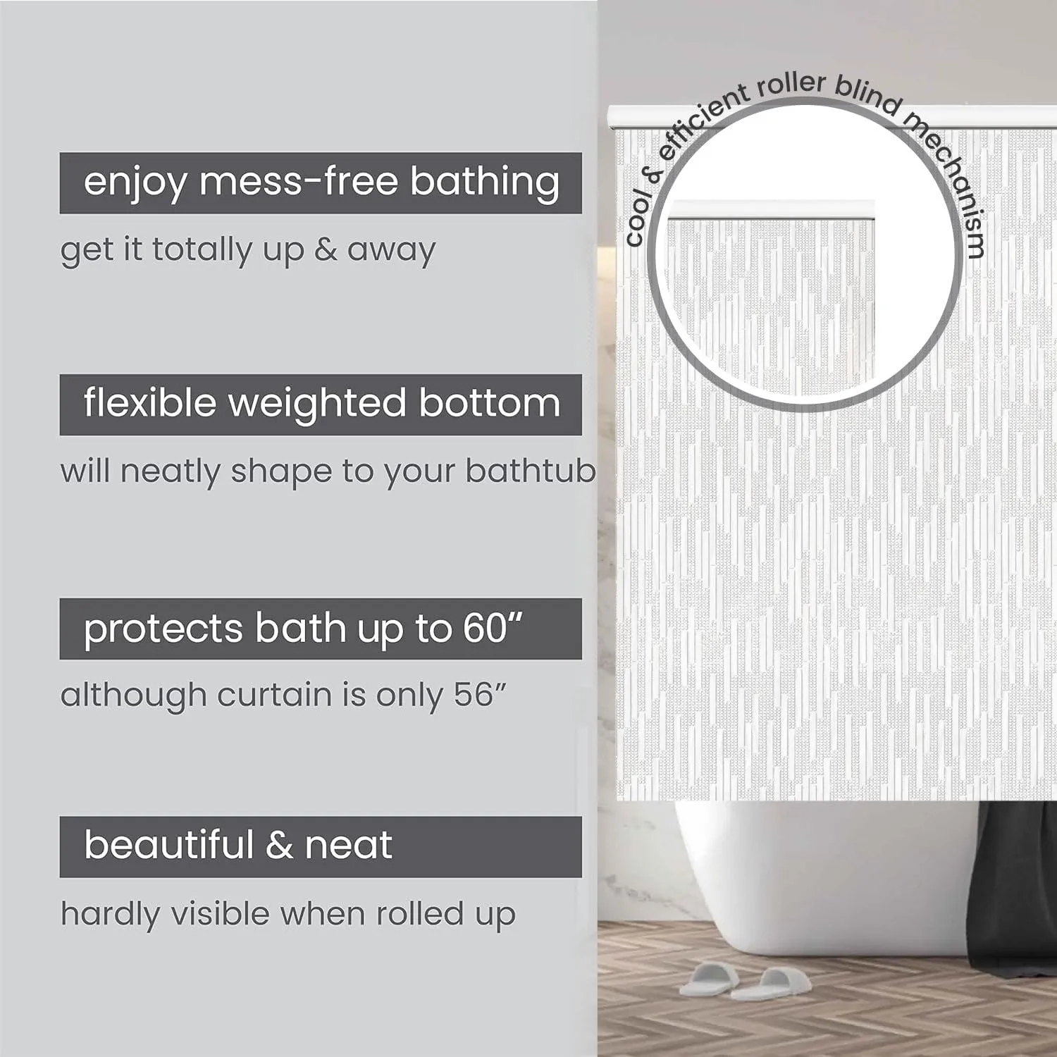Rollup Shower Curtain for Bathroom. Waterproof, 100% PEVA, Heavy Duty Ceiling Mounted Shower Curtain Roller Blind for Bathtub. No Rods, No Hooks, No Rings! (56"x95") (Icicles)