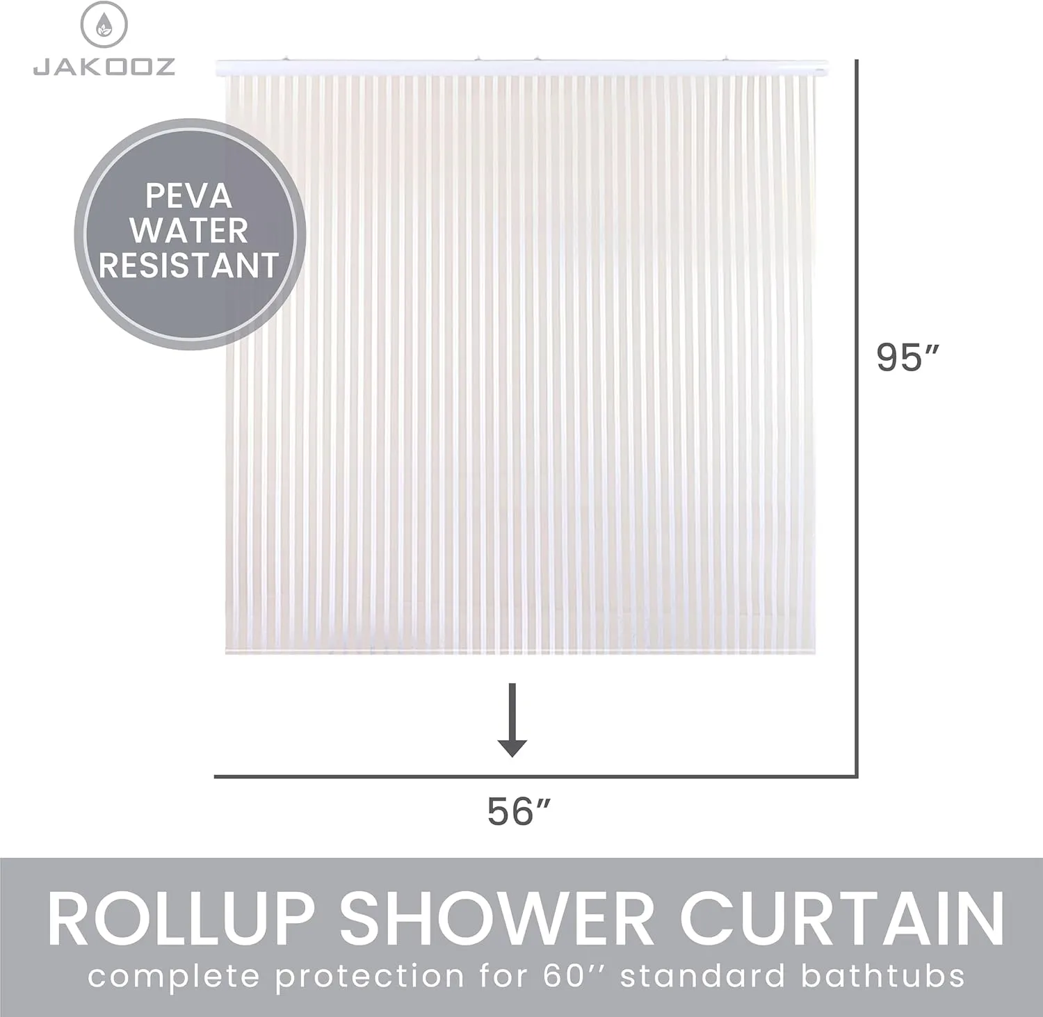 Rollup Shower Curtain for Bathroom. Waterproof, 100% PEVA, Heavy Duty Shower Roller Blind Curtain for Bathtub. No rods, No Hooks, No Rings! (56"x95") (White Stripe)