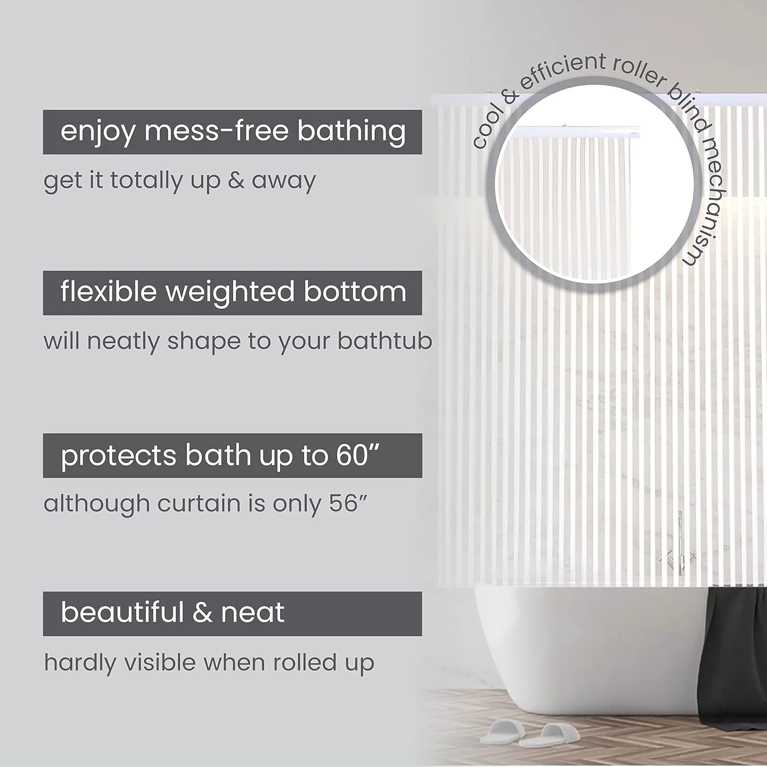 Rollup Shower Curtain for Bathroom. Waterproof, 100% PEVA, Heavy Duty Shower Roller Blind Curtain for Bathtub. No rods, No Hooks, No Rings! (56"x95") (White Stripe)