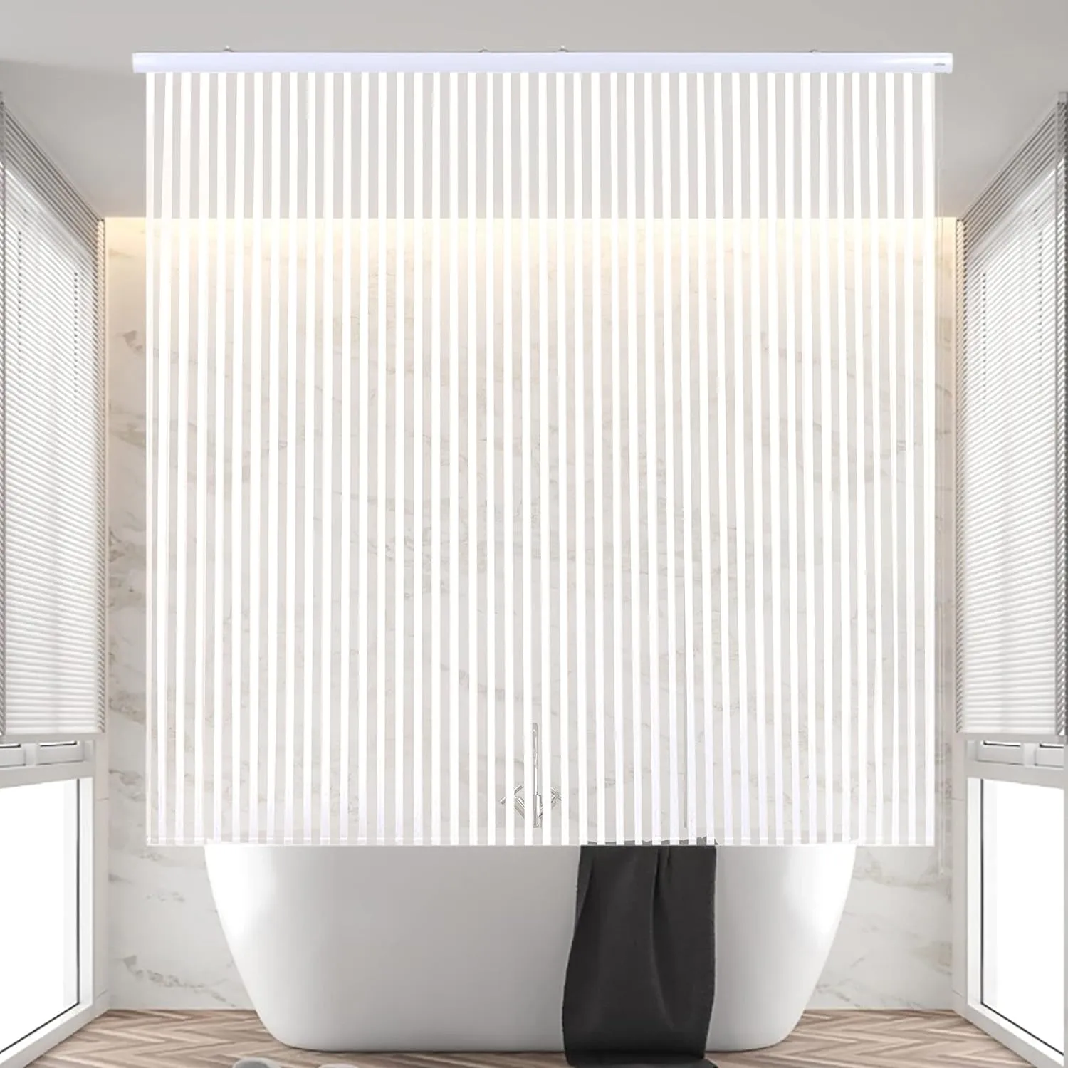 Rollup Shower Curtain for Bathroom. Waterproof, 100% PEVA, Heavy Duty Shower Roller Blind Curtain for Bathtub. No rods, No Hooks, No Rings! (56"x95") (White Stripe)