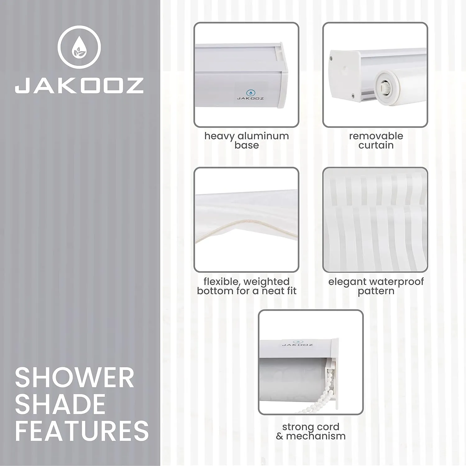 Rollup Shower Curtain for Bathroom. Waterproof, 100% PEVA, Heavy Duty Shower Roller Blind Curtain for Bathtub. No rods, No Hooks, No Rings! (56"x95") (White Stripe)