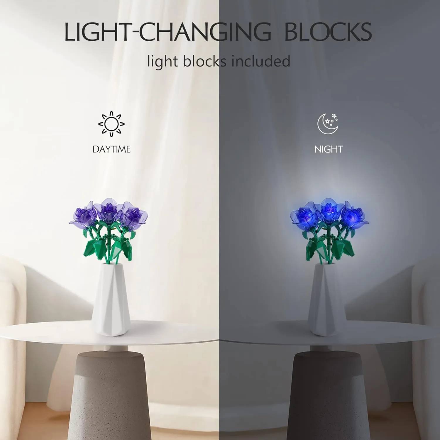 Rose Flower Bouquet Building Set with Lights,Artificial Plant Cute Botanical Collection Compatible Gift for Adult Her/Mom/Women/Sister/Girl,Creative Project Home Decor(52033 Blue 126pcs)