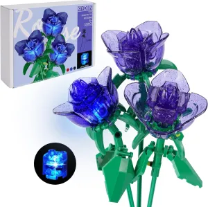 Rose Flower Bouquet Building Set with Lights,Artificial Plant Cute Botanical Collection Compatible Gift for Adult Her/Mom/Women/Sister/Girl,Creative Project Home Decor(52033 Blue 126pcs)