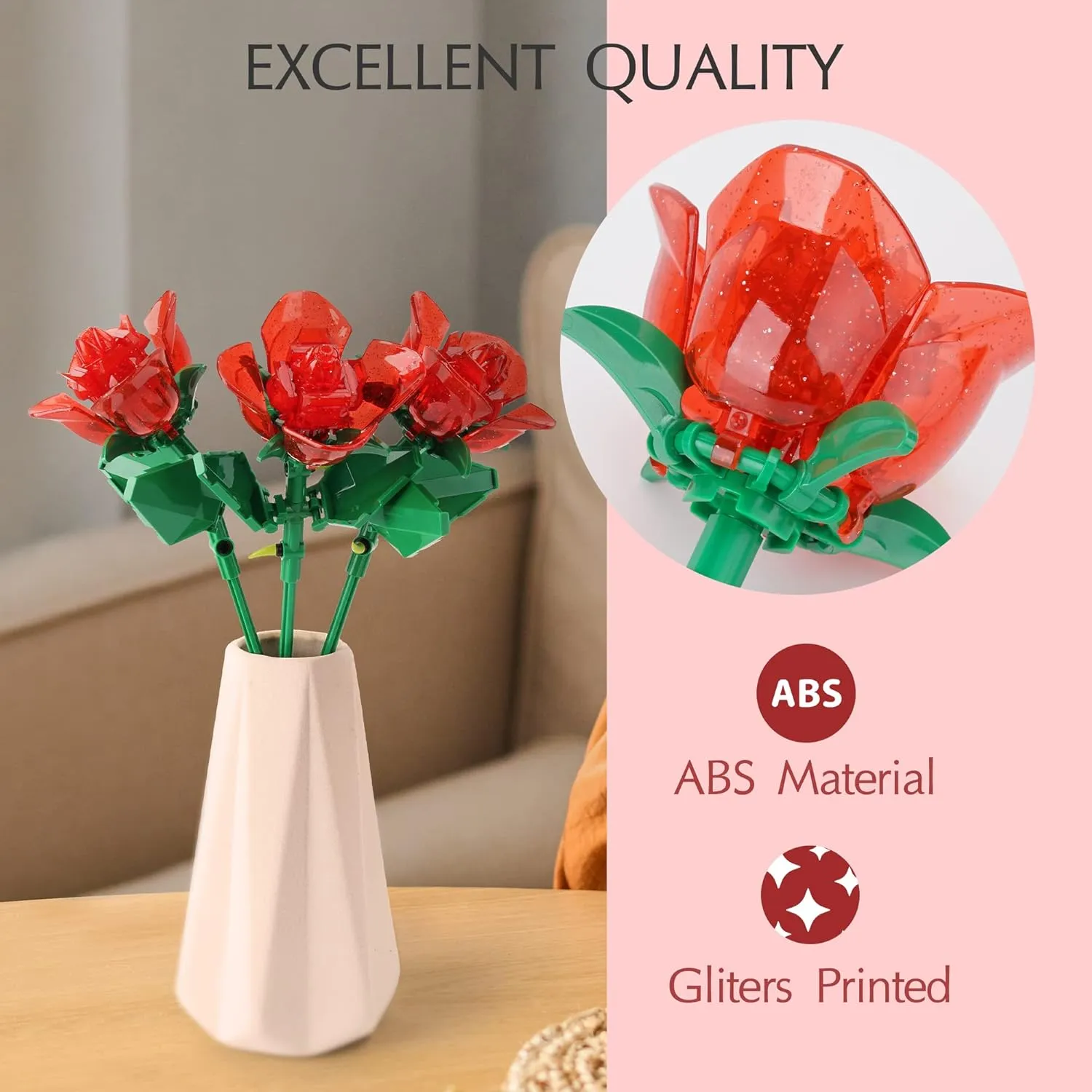 Rose Flower Bouquet Building Set with Lights,Artificial Plant Cute Botanical Collection Compatible,Gift for Adult Her/Mom/Women/Sister/Girl,Creative Project Home Decor(52032 Red 126pcs)
