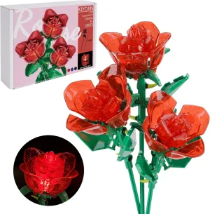 Rose Flower Bouquet Building Set with Lights,Artificial Plant Cute Botanical Collection Compatible,Gift for Adult Her/Mom/Women/Sister/Girl,Creative Project Home Decor(52032 Red 126pcs)
