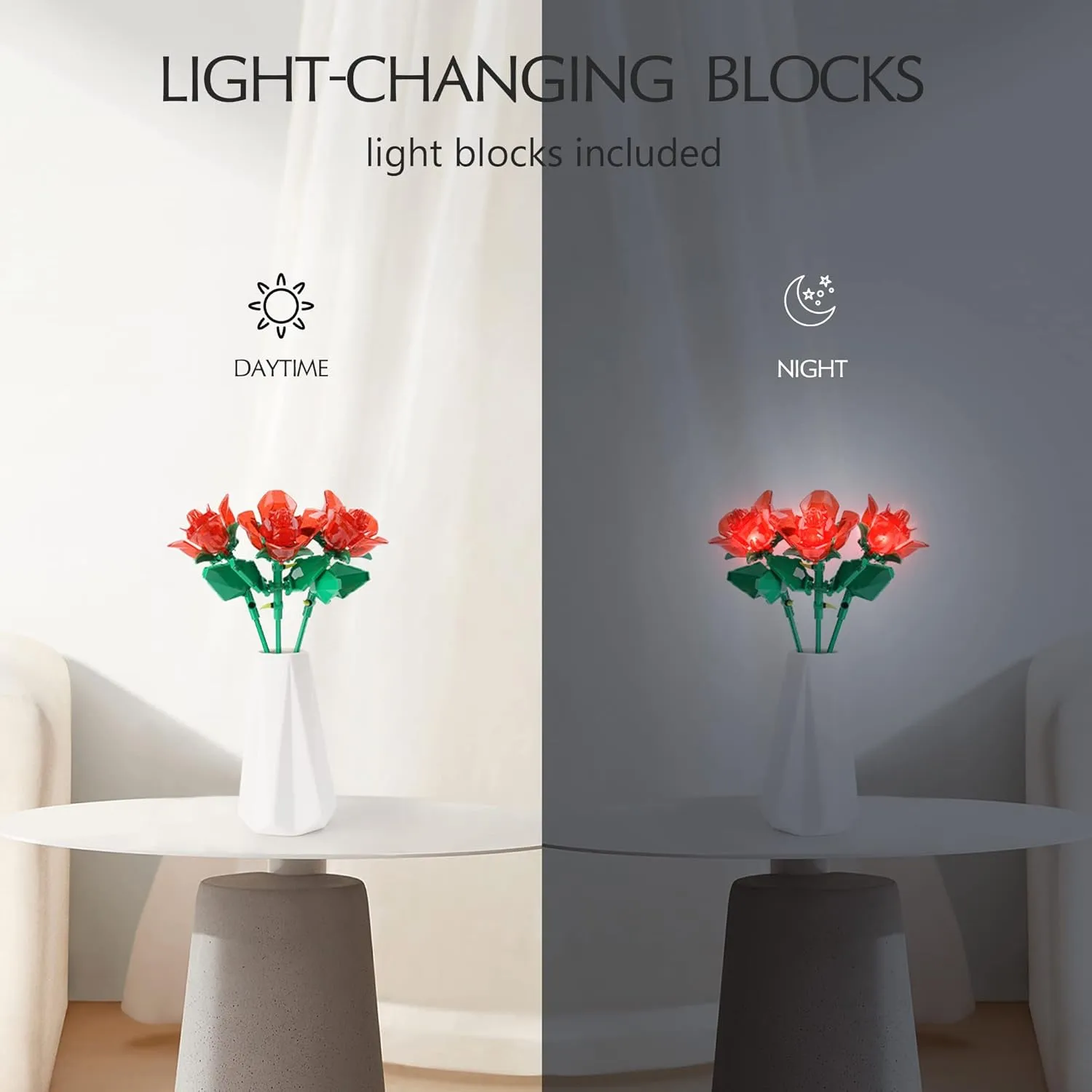 Rose Flower Bouquet Building Set with Lights,Artificial Plant Cute Botanical Collection Compatible,Gift for Adult Her/Mom/Women/Sister/Girl,Creative Project Home Decor(52032 Red 126pcs)