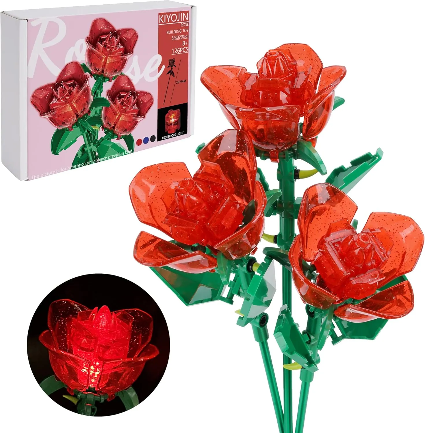 Rose Flower Bouquet Building Set with Lights,Artificial Plant Cute Botanical Collection Compatible,Gift for Adult Her/Mom/Women/Sister/Girl,Creative Project Home Decor(52032 Red 126pcs)