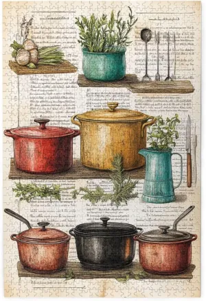 Rustic Kitchen Set with Colored Pots, Fresh Ingredients and Botanical Details，1000 Piece Adults Wooden Jigsaw Puzzle，Creative Play & Holiday Party Gifts Artwork Wall Home Decor