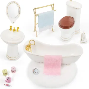 SAMCAMI Ceramic Dollhouse Furniture 1 12 Scale - Doll House Furniture Toys for Dollhouse Bathroom - Miniature Furniture Incl Toilet, Bathtub, Washbasin, Fluffy Carpet and Other Dollhouse Accessories