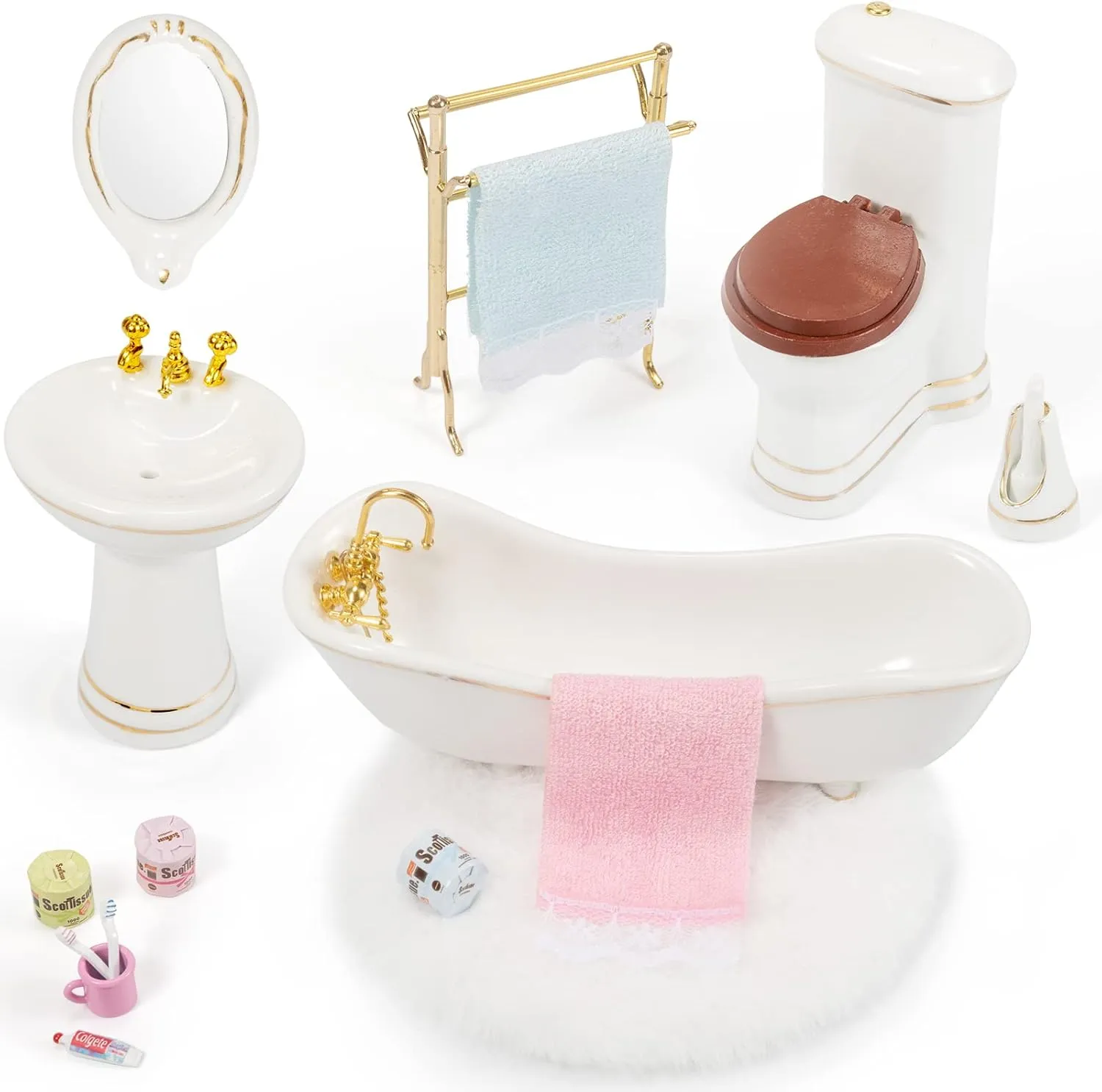 SAMCAMI Ceramic Dollhouse Furniture 1 12 Scale - Doll House Furniture Toys for Dollhouse Bathroom - Miniature Furniture Incl Toilet, Bathtub, Washbasin, Fluffy Carpet and Other Dollhouse Accessories