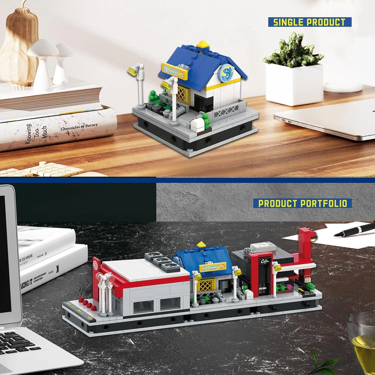 Seafood Restaurant Building Blocks Set with Quick-Detached Structure, Mini City Landmark Display Model for Home Decor, Main Street Building Construction Toy for Adults and Kids - 177 PCS