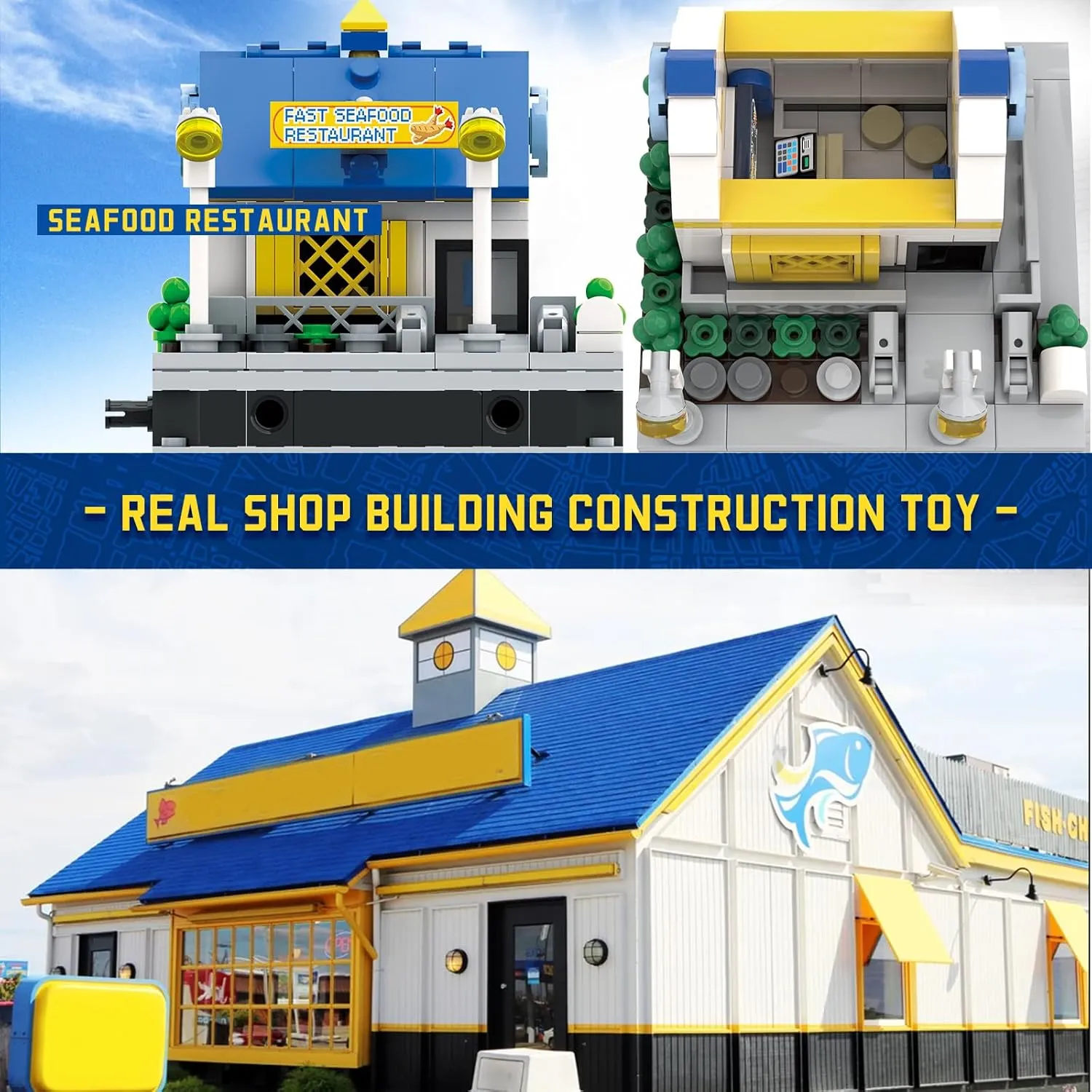 Seafood Restaurant Building Blocks Set with Quick-Detached Structure, Mini City Landmark Display Model for Home Decor, Main Street Building Construction Toy for Adults and Kids - 177 PCS