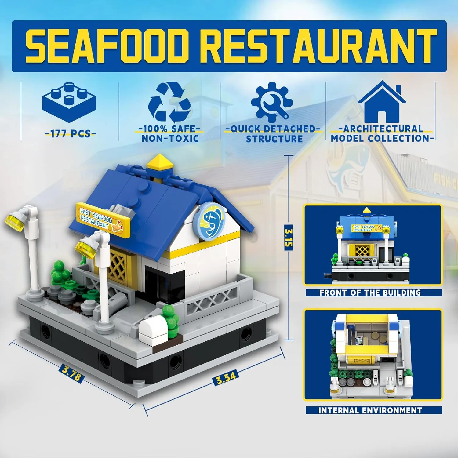 Seafood Restaurant Building Blocks Set with Quick-Detached Structure, Mini City Landmark Display Model for Home Decor, Main Street Building Construction Toy for Adults and Kids - 177 PCS
