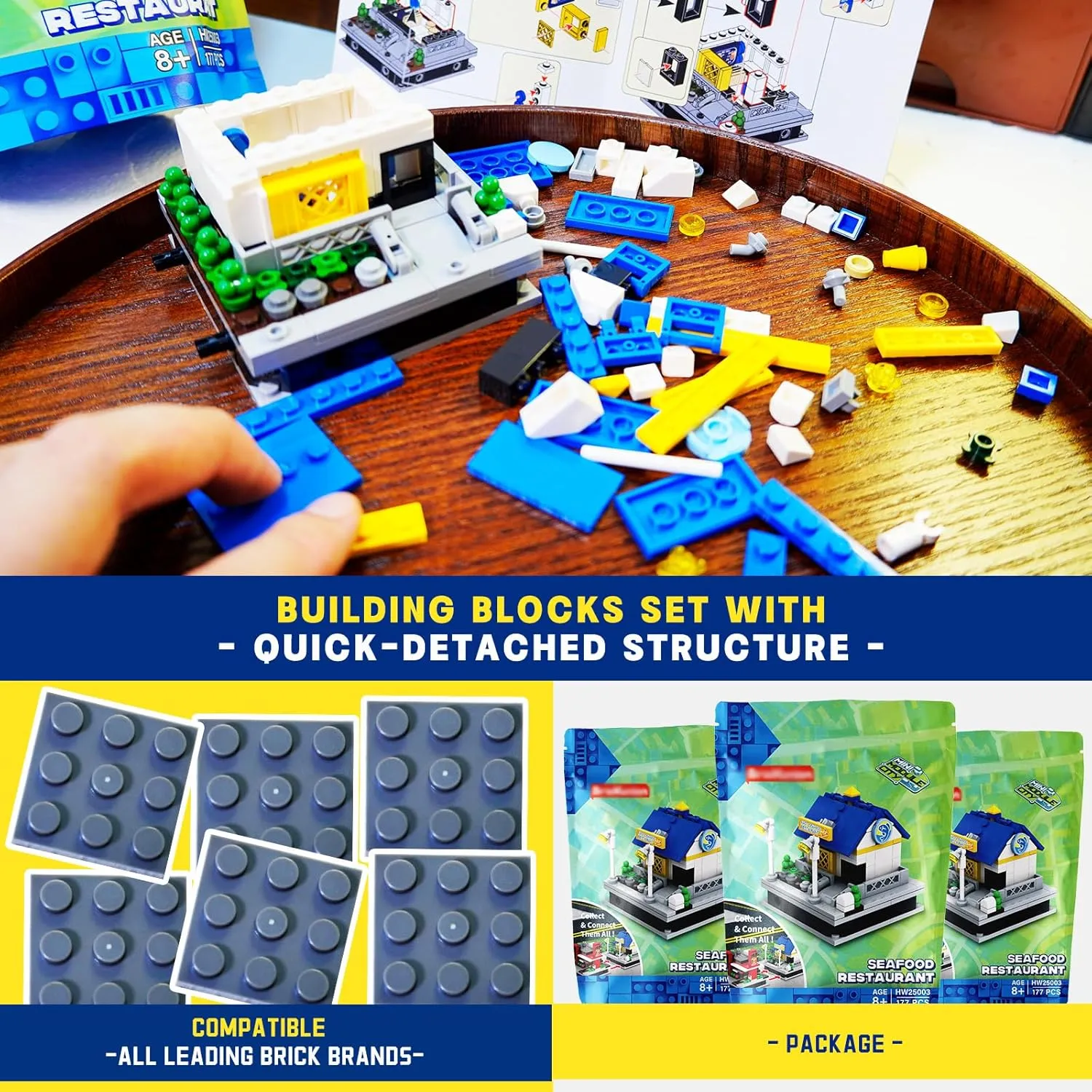 Seafood Restaurant Building Blocks Set with Quick-Detached Structure, Mini City Landmark Display Model for Home Decor, Main Street Building Construction Toy for Adults and Kids - 177 PCS