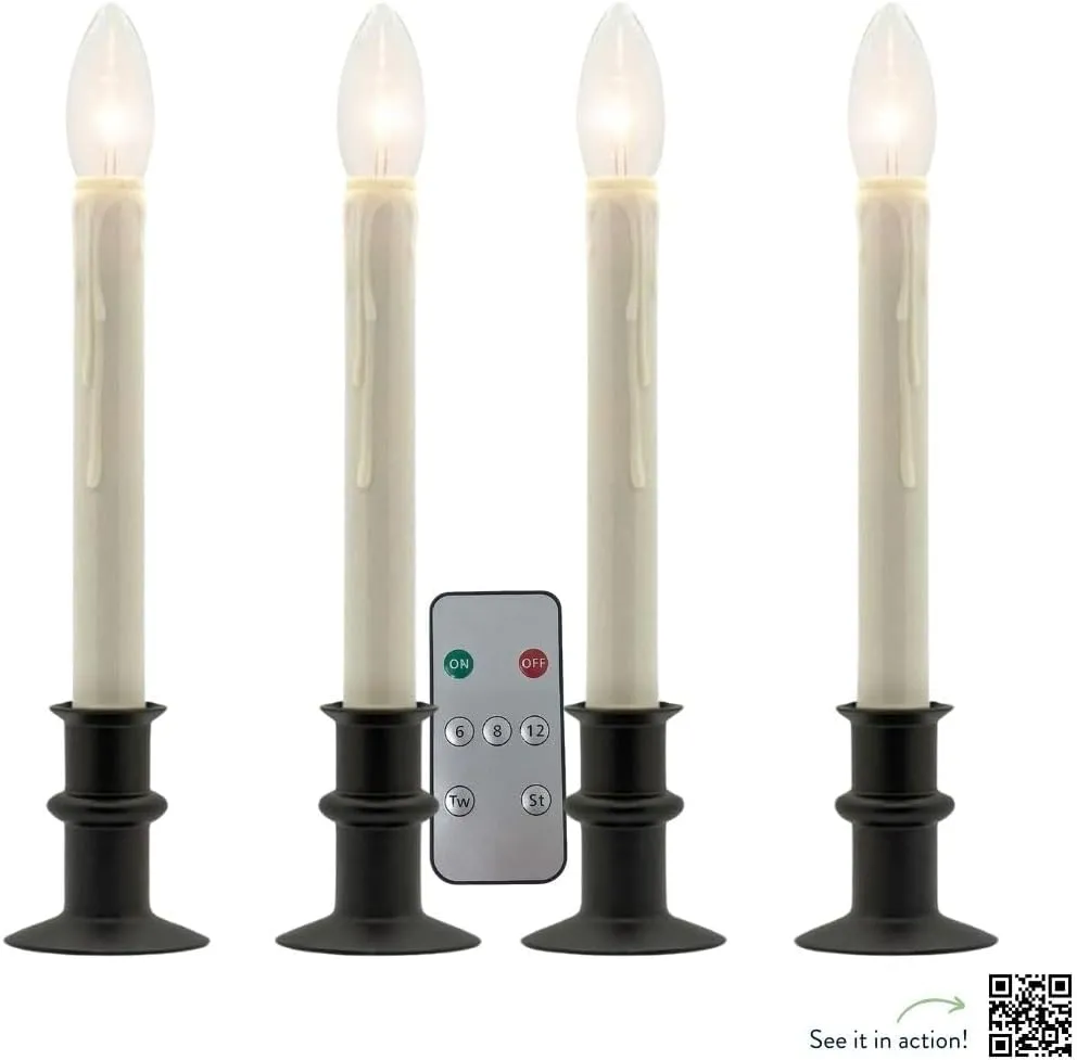 Set of Four Battery Operated Remote Programmable Window Hugger Candle for Narrow Window Sills Daily Timer Choose 6, 8, or 10 Hours Flicker or Steady (Black Oynx)